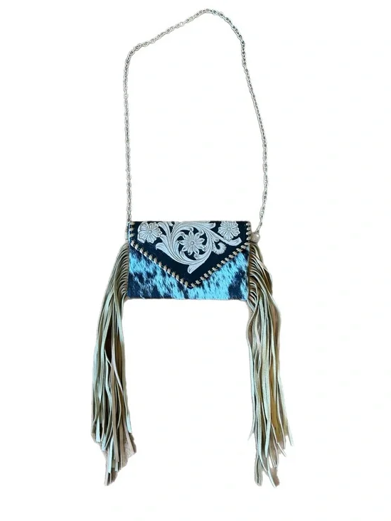 Fringed Leather and Cowhide Handbag with Floral Embossing - Picture 2 of 6